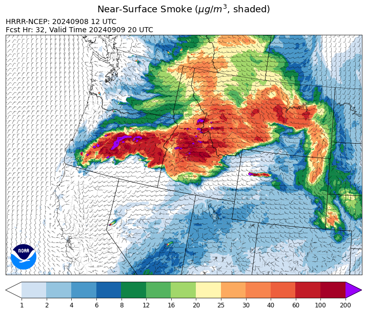 By late Monday, the HRRR smoke model shows heavy surface smoke surging further east into much of Montana.